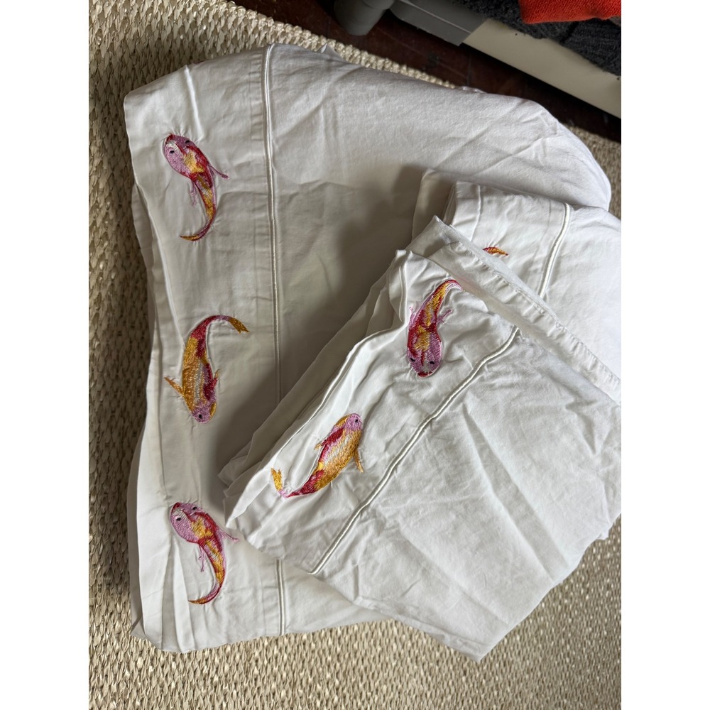 Cuddledown King Sheet Set White Organic Cotton Embroidered Koi Fish Aquatic